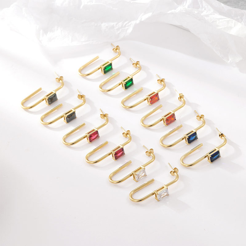 Waterproof 14K Gold Plated Stainless Steel Baguette CZ Huggie Earrings, U-Shaped Hoop with Colorful Cubic Zirconia, Multi-Color Available