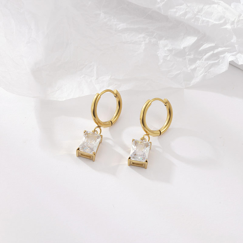 Elegant Gold Huggie Earrings with Baguette Gemstone Drop, Waterproof Stainless Steel, Hypoallergenic & Tarnish-Free, Color Options Available