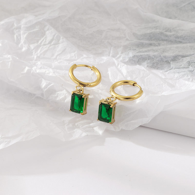 Elegant Gold Huggie Earrings with Baguette Gemstone Drop, Waterproof Stainless Steel, Hypoallergenic & Tarnish-Free, Color Options Available