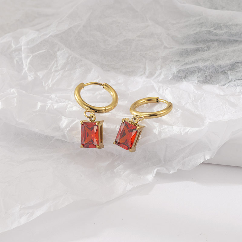 Elegant Gold Huggie Earrings with Baguette Gemstone Drop, Waterproof Stainless Steel, Hypoallergenic & Tarnish-Free, Color Options Available
