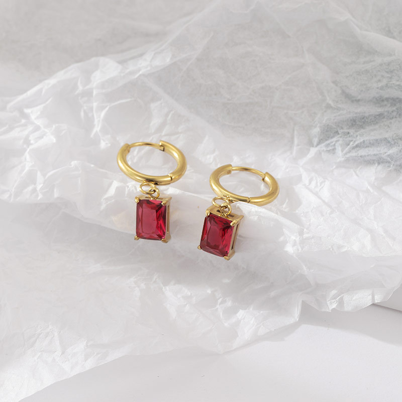Elegant Gold Huggie Earrings with Baguette Gemstone Drop, Waterproof Stainless Steel, Hypoallergenic & Tarnish-Free, Color Options Available