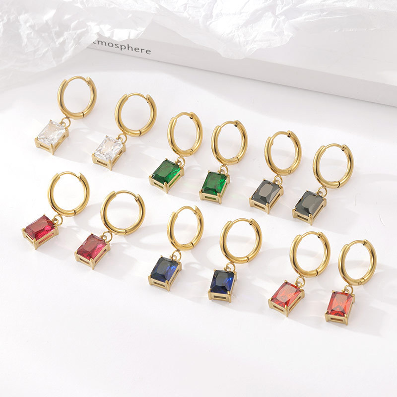 Elegant Gold Huggie Earrings with Baguette Gemstone Drop, Waterproof Stainless Steel, Hypoallergenic & Tarnish-Free, Color Options Available
