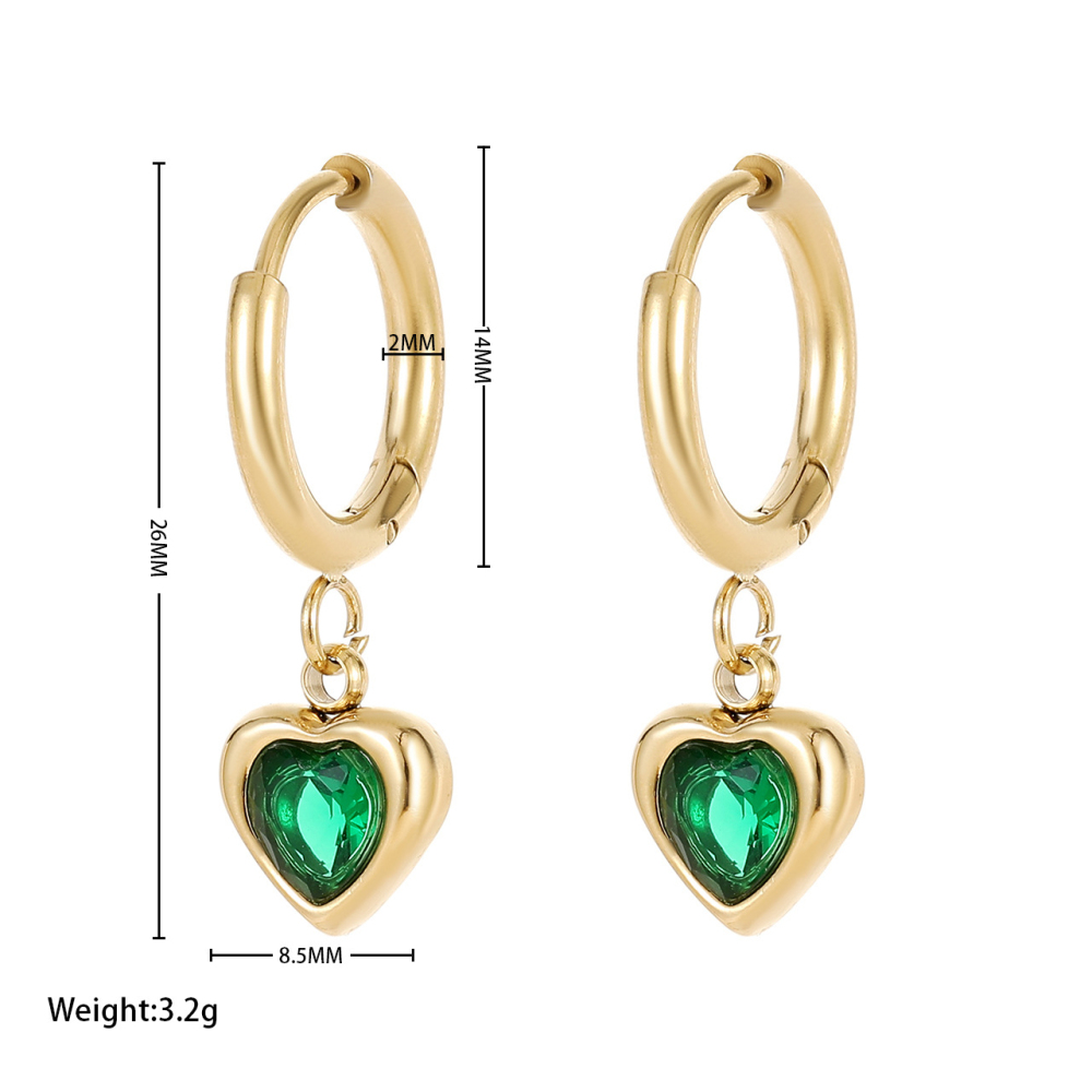 Stainless Steel Heart Cubic Zirconia Drop Huggie Hoop Earrings in Gold and Silver