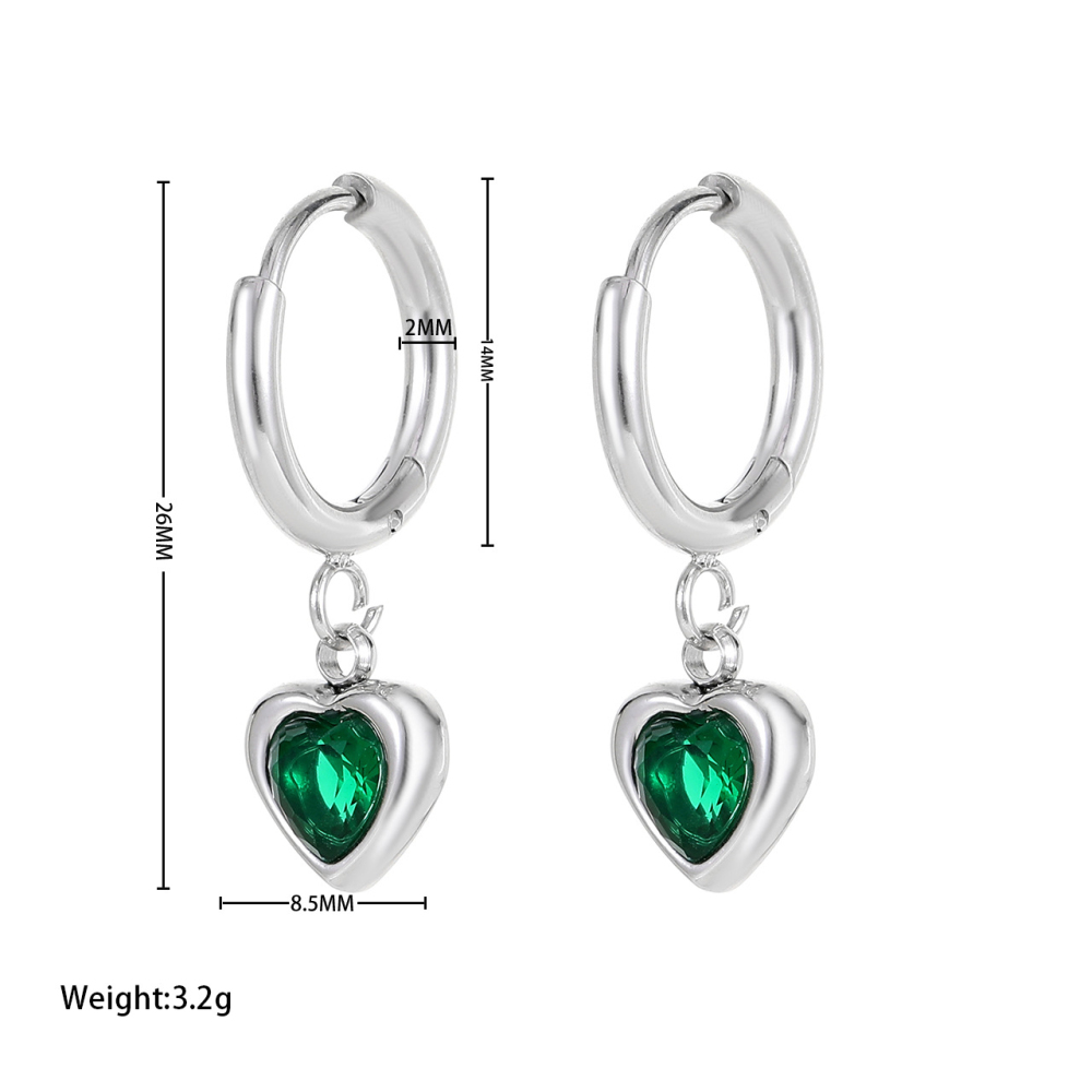 Stainless Steel Heart Cubic Zirconia Drop Huggie Hoop Earrings in Gold and Silver