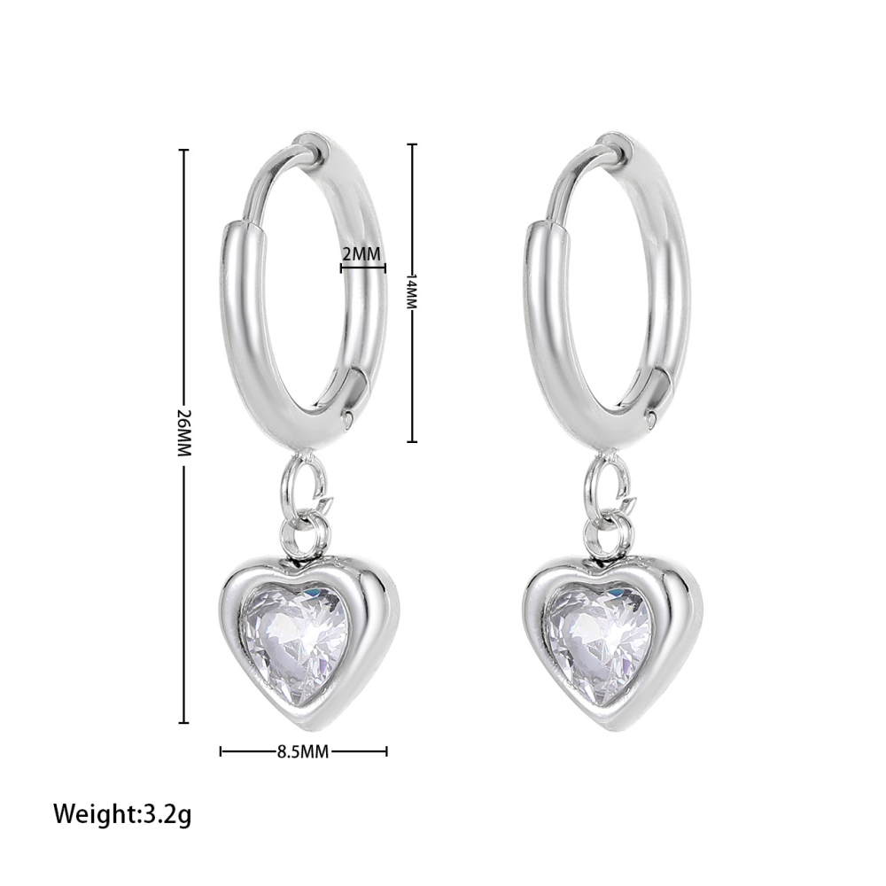 Stainless Steel Heart Cubic Zirconia Drop Huggie Hoop Earrings in Gold and Silver
