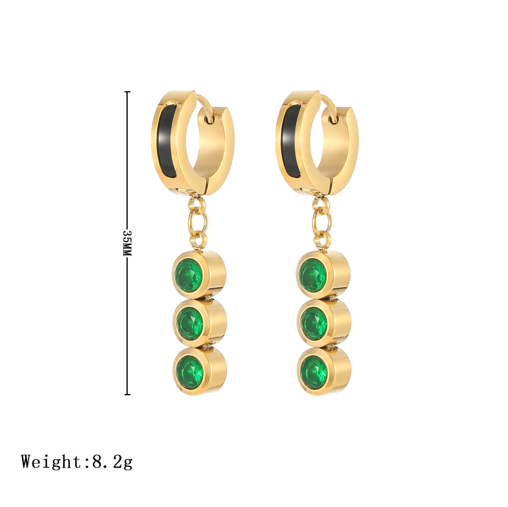 Stainless Steel Three-Stone CZ Drop Huggie Earrings with Black Enamel and 14K PVD Coating