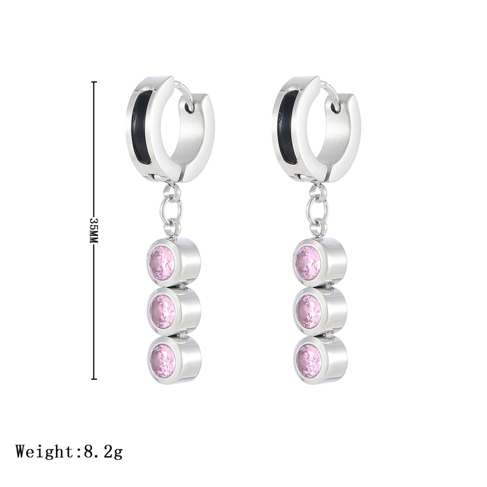 Stainless Steel Three-Stone CZ Drop Huggie Earrings with Black Enamel and 14K PVD Coating