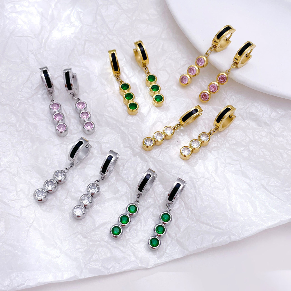 Stainless Steel Three-Stone CZ Drop Huggie Earrings with Black Enamel and 14K PVD Coating