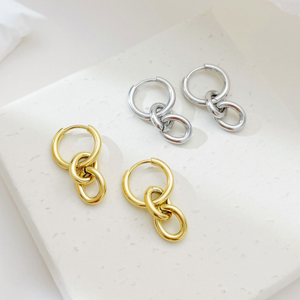 Stainless Steel Chain-Link Drop Huggie Earrings with 14K PVD Coating