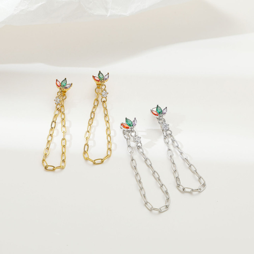 14K PVD Plated Stainless Steel Marquise cut CZ Dangle Earrings with Paperclip Chain