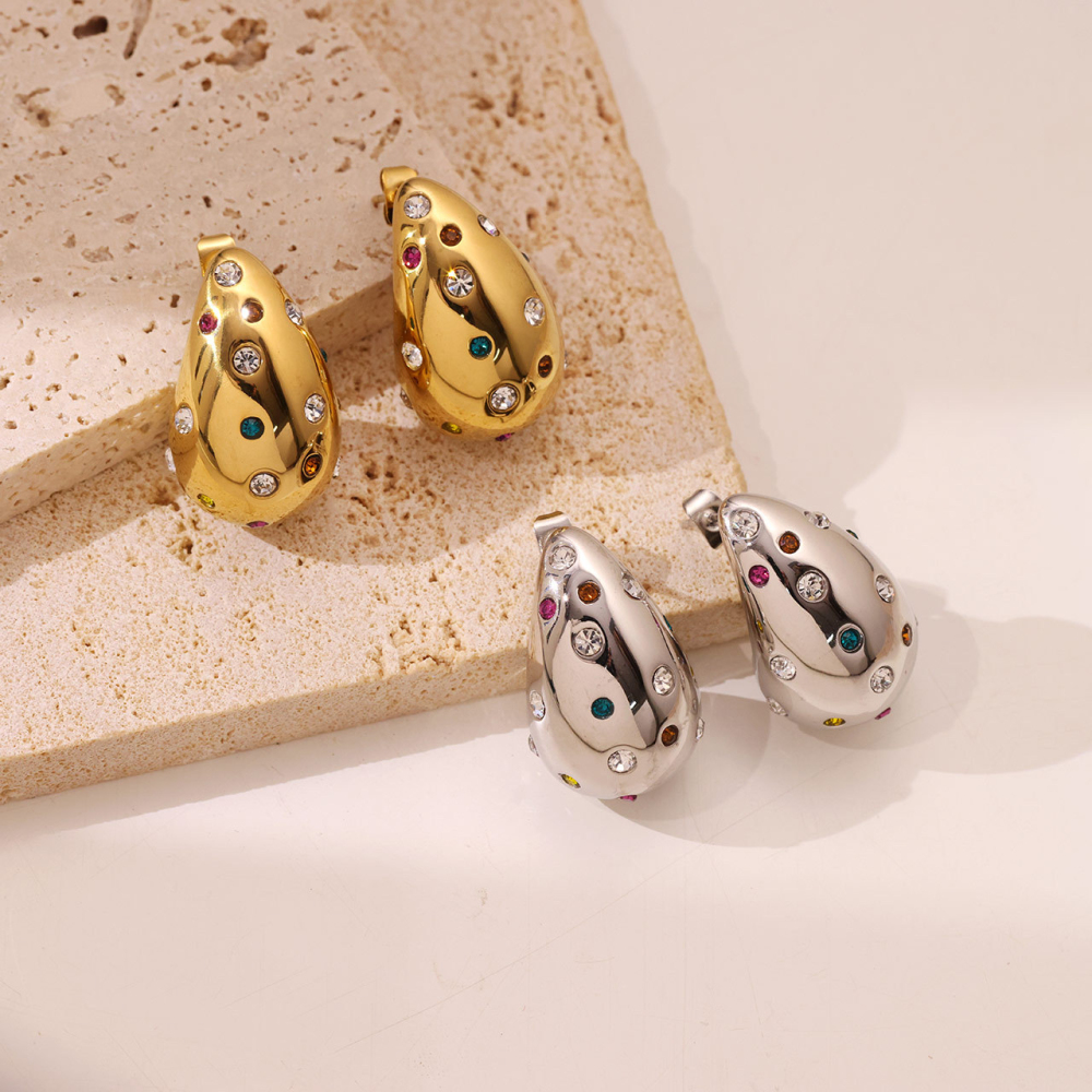 Stainless Steel 14K PVD Gold Plated Teardrop Stud Earrings with Multicolor CZ Stones