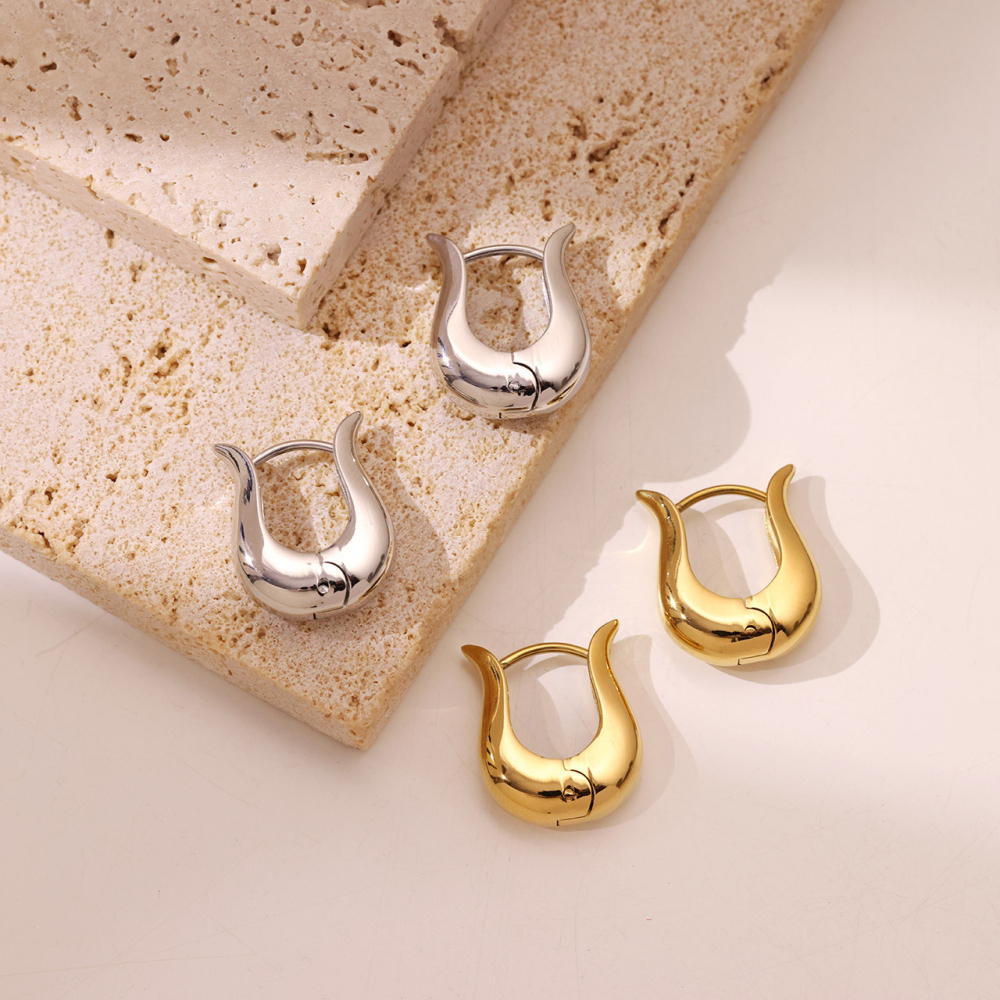 Polished 14K PVD Stainless Steel U-Shape Huggie Hoop Earrings with Hinged Closure