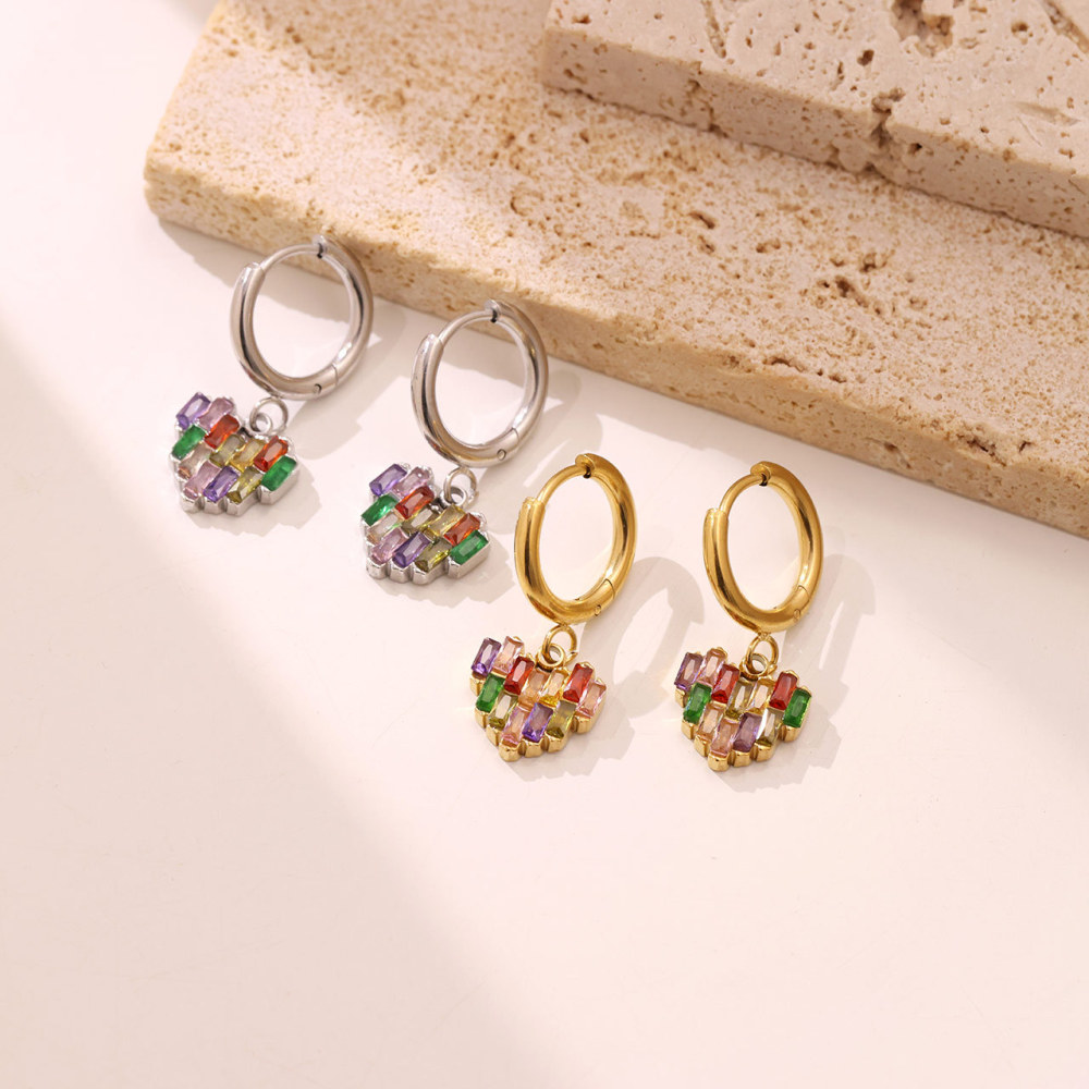 14K PVD Stainless Steel Colorful Baguette CZ Heart Drop Huggie Earrings