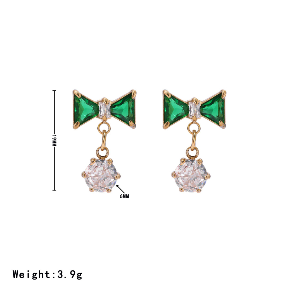 14K PVD Gold Plated Stainless Steel Bow Dangle Earrings with Bicolor CZ Stones