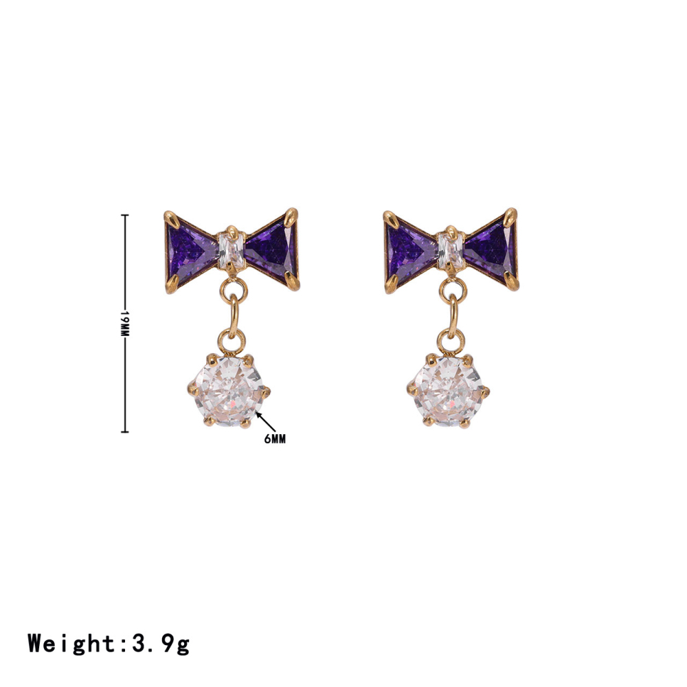 14K PVD Gold Plated Stainless Steel Bow Dangle Earrings with Bicolor CZ Stones