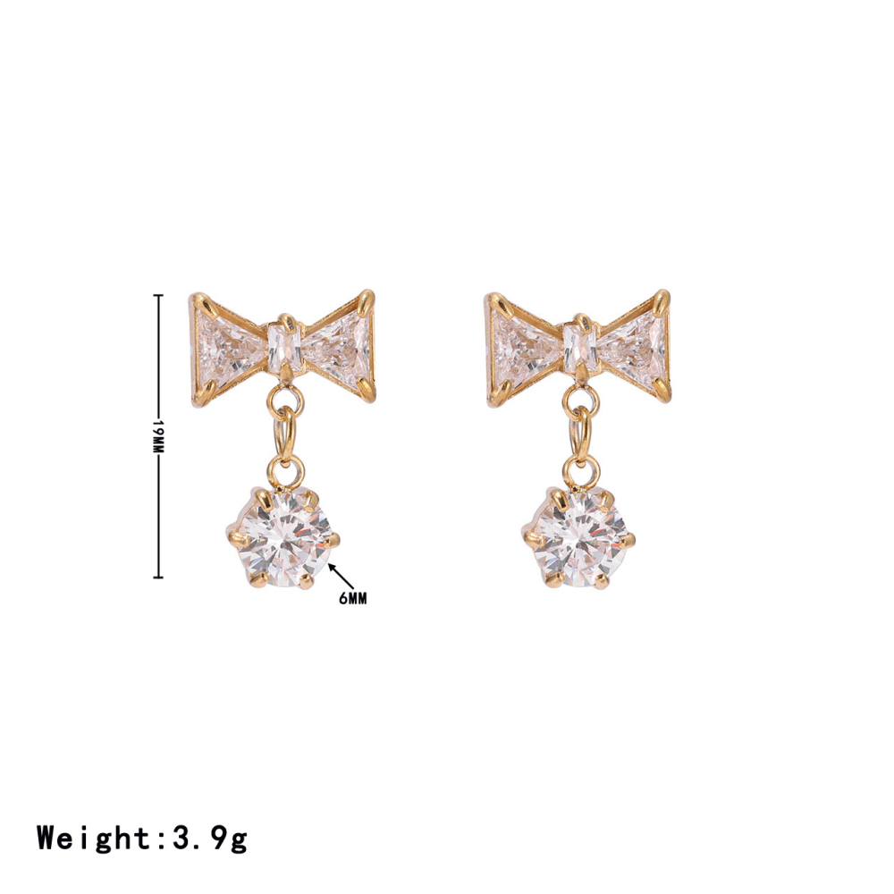 14K PVD Gold Plated Stainless Steel Bow Dangle Earrings with Bicolor CZ Stones
