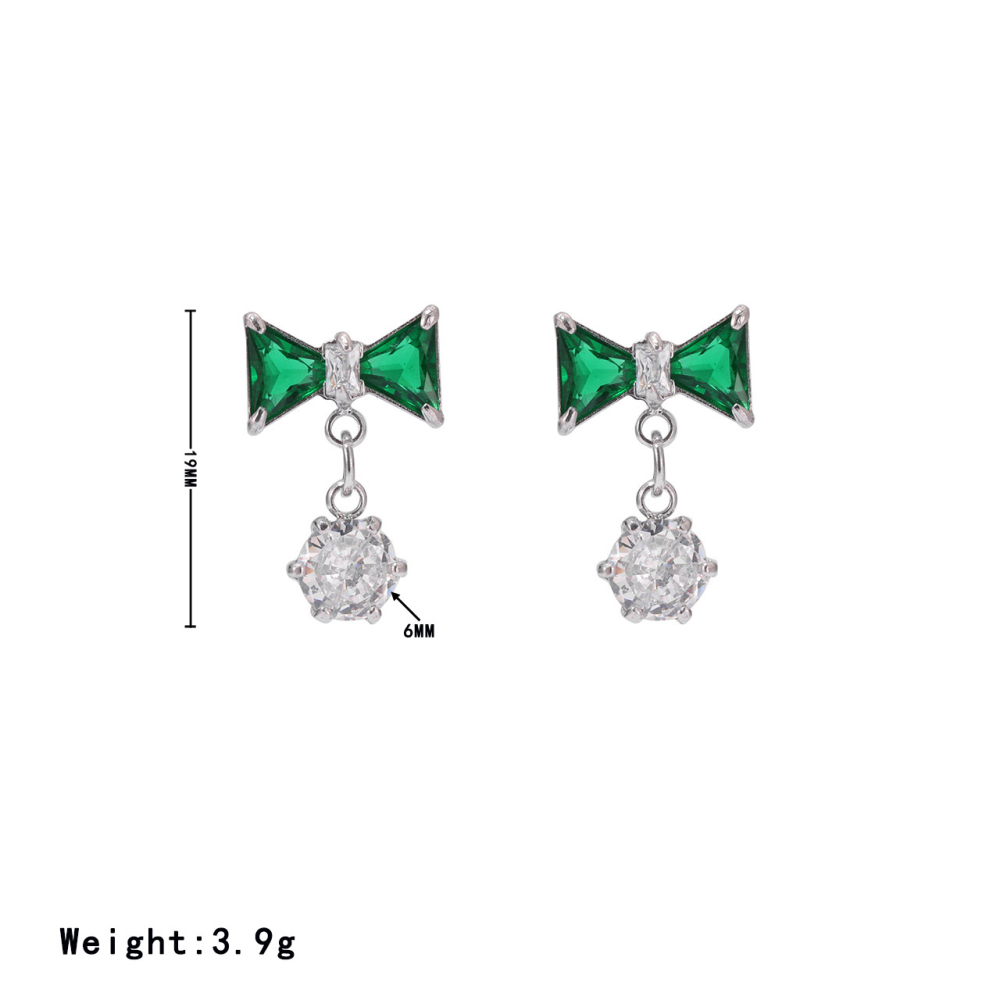 14K PVD Gold Plated Stainless Steel Bow Dangle Earrings with Bicolor CZ Stones