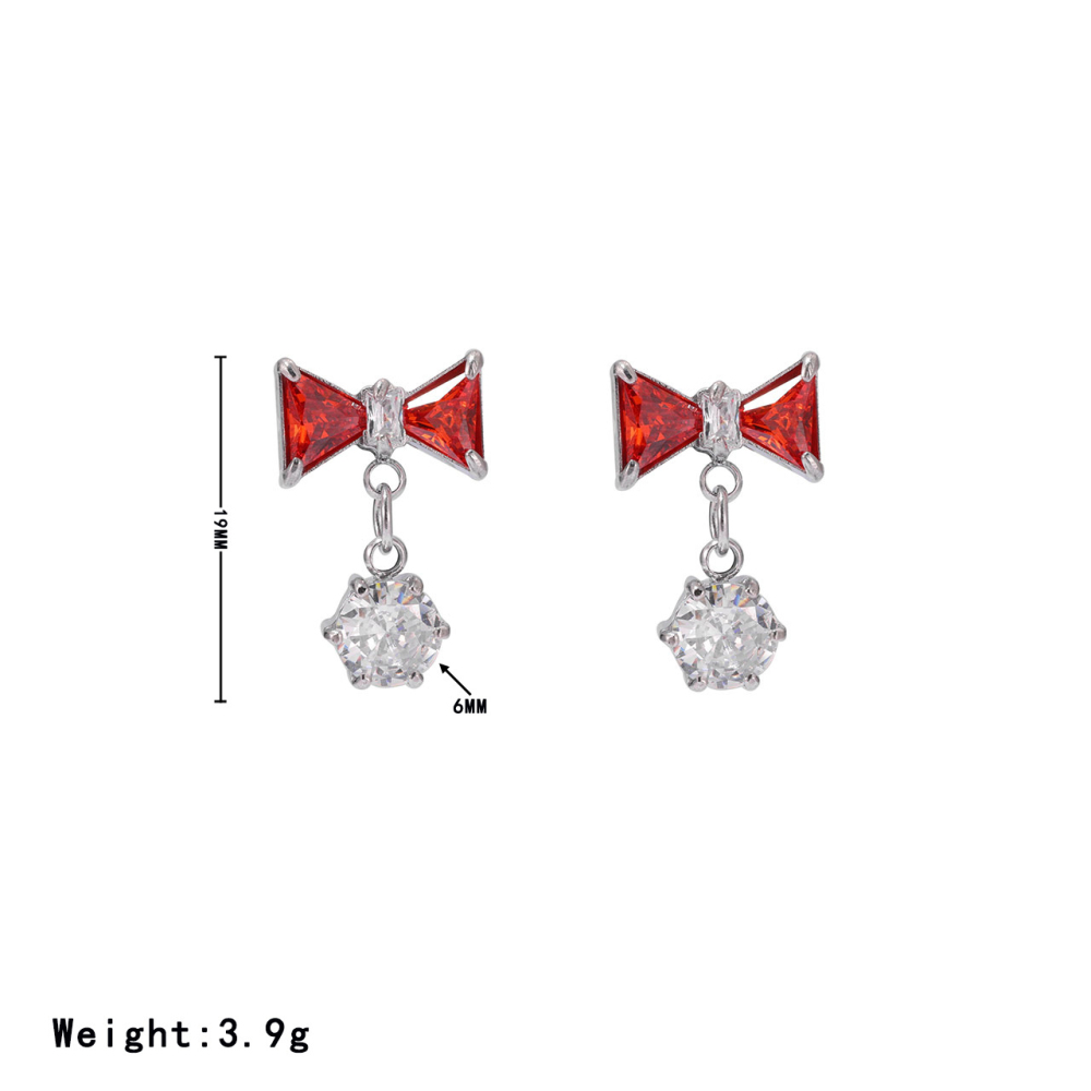 14K PVD Gold Plated Stainless Steel Bow Dangle Earrings with Bicolor CZ Stones