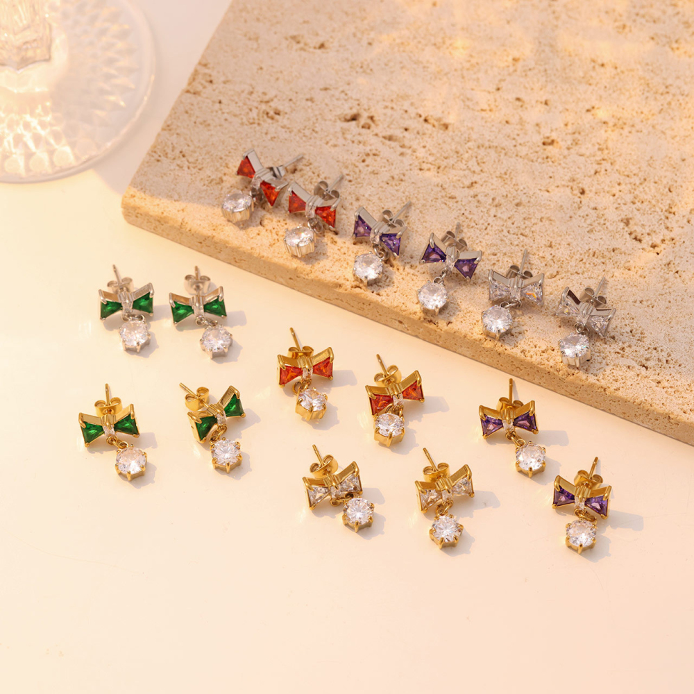 14K PVD Gold Plated Stainless Steel Bow Dangle Earrings with Bicolor CZ Stones