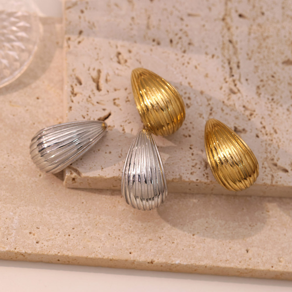 14K PVD Gold Plated 316L Stainless Steel Ribbed Teardrop Stud Earrings