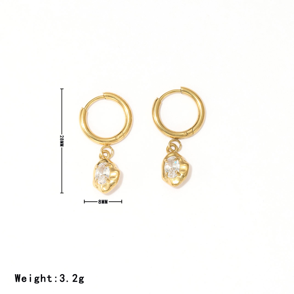 PVD Gold Plated Stainless Steel Oval Cubic Zirconia Drop Hoop Earrings with Hinged Snap Closure