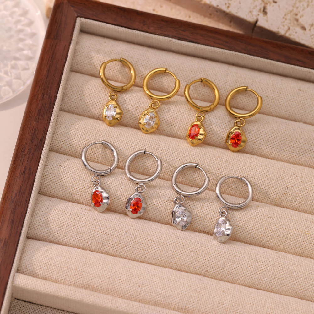 PVD Gold Plated Stainless Steel Oval Cubic Zirconia Drop Hoop Earrings with Hinged Snap Closure