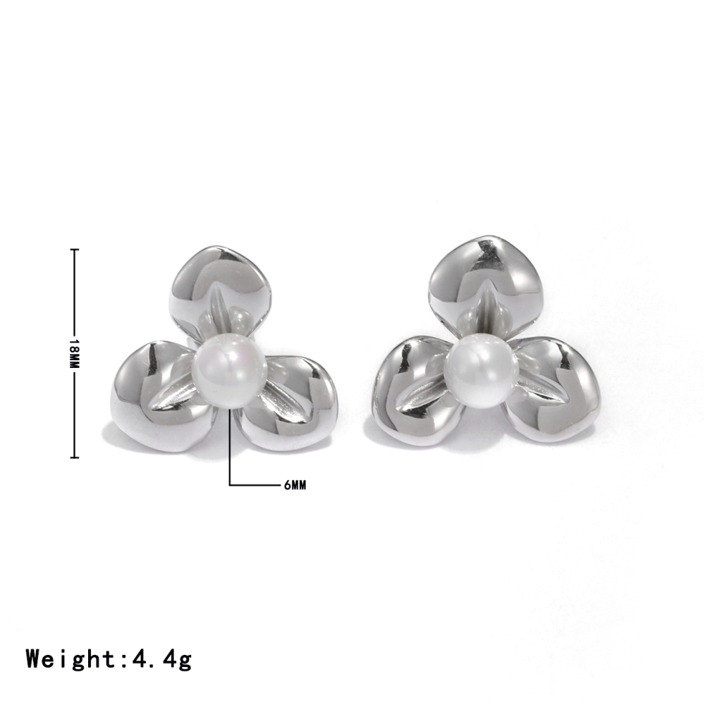 PVD 14K Gold Plated Stainless Steel Pearl Flower Stud Earrings with Polished Finish