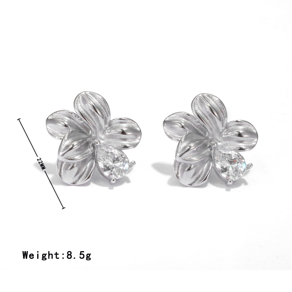 Stainless Steel PVD Gold Plated  Flower Stud Earrings with Teardrop Cubic Zirconia Accent