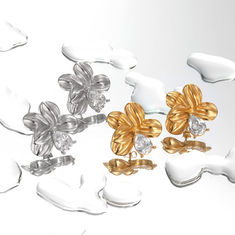 Stainless Steel PVD Gold Plated  Flower Stud Earrings with Teardrop Cubic Zirconia Accent