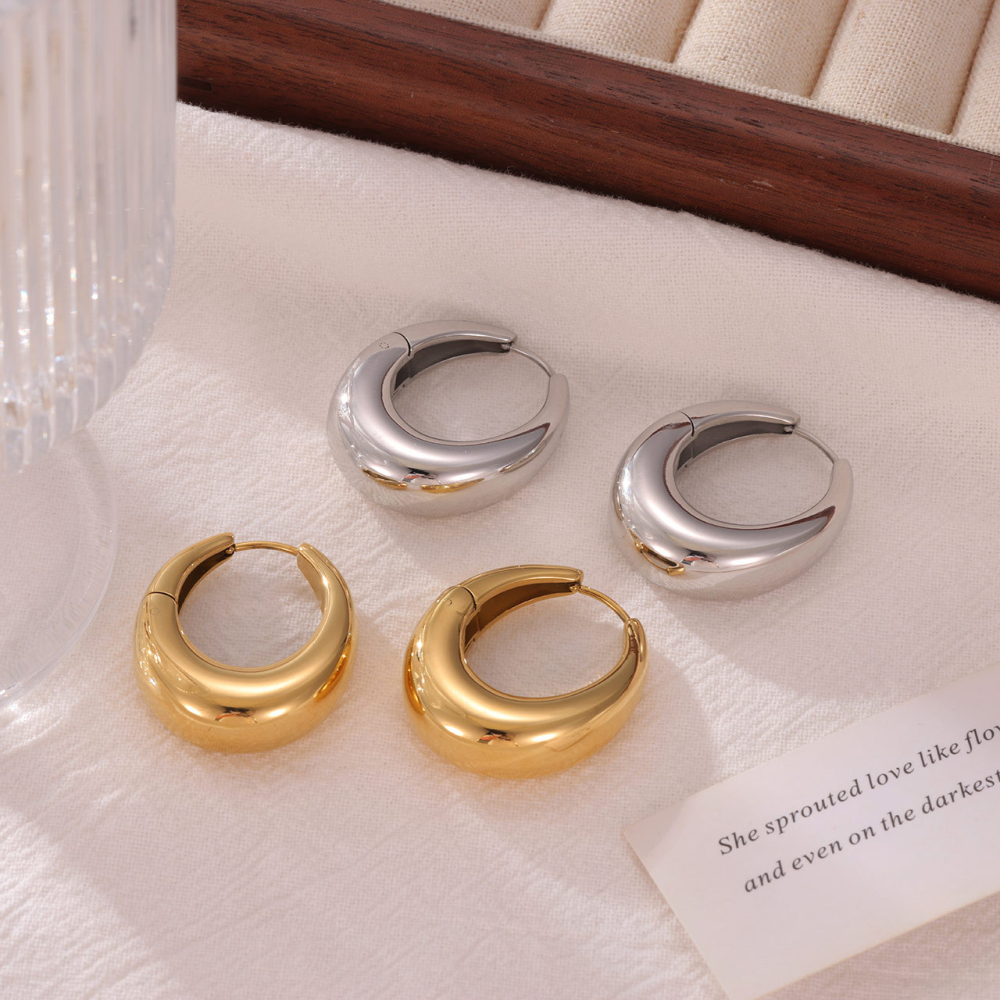Stainless Steel PVD 14K Gold Plated Chunky Huggie Hoop Earrings with Polished Finish