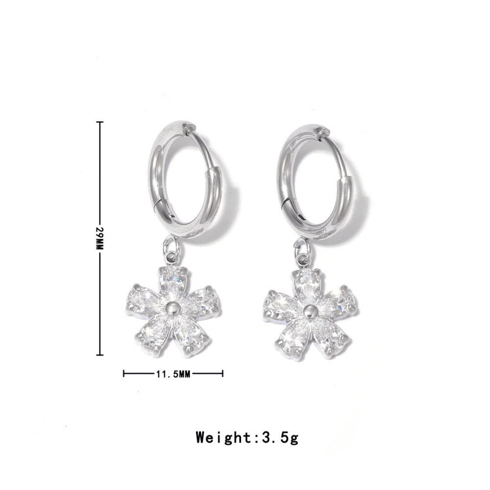 CZ Flower Charm Drop Huggie Hoop Earrings in PVD 14K Gold Plated Stainless Steel