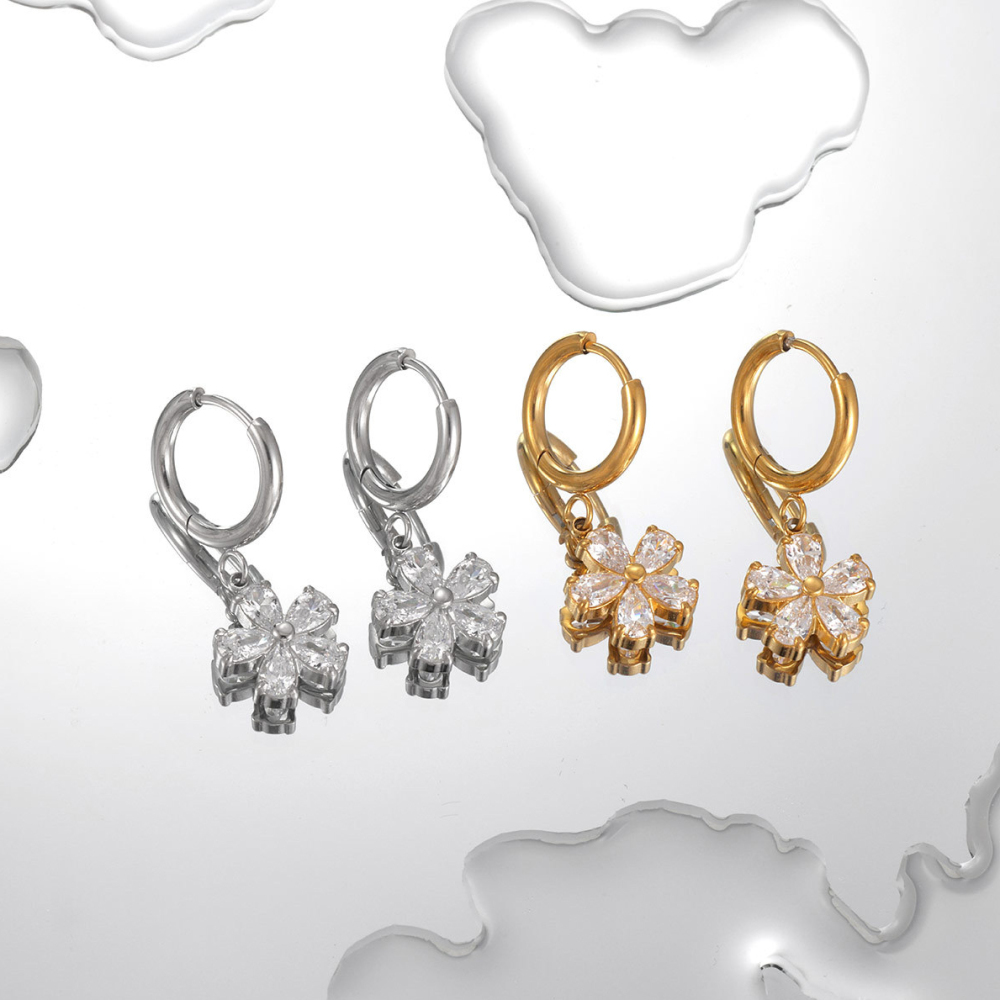 CZ Flower Charm Drop Huggie Hoop Earrings in PVD 14K Gold Plated Stainless Steel