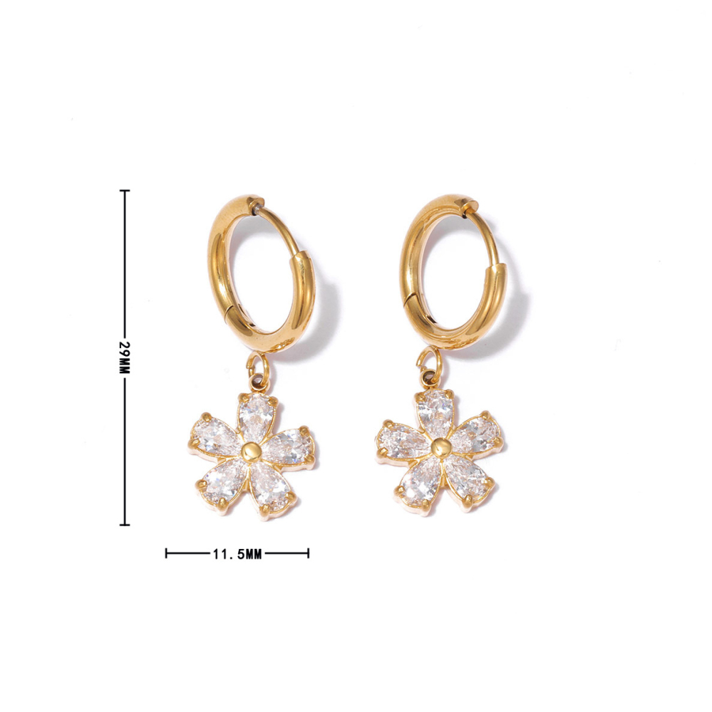 CZ Flower Charm Drop Huggie Hoop Earrings in PVD 14K Gold Plated Stainless Steel