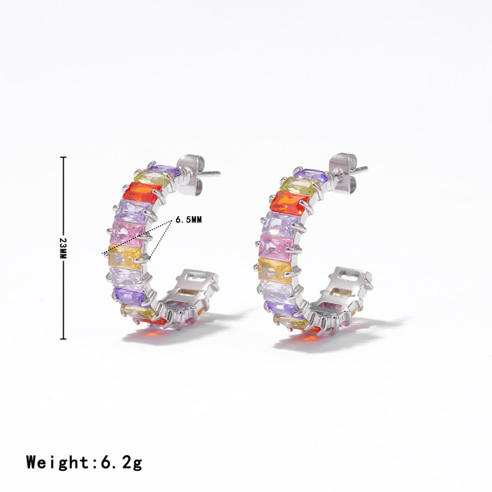 Colorful CZ Pave 14K Gold Stainless Steel Huggie Hoop Earrings with Rainbow Gemstone Design