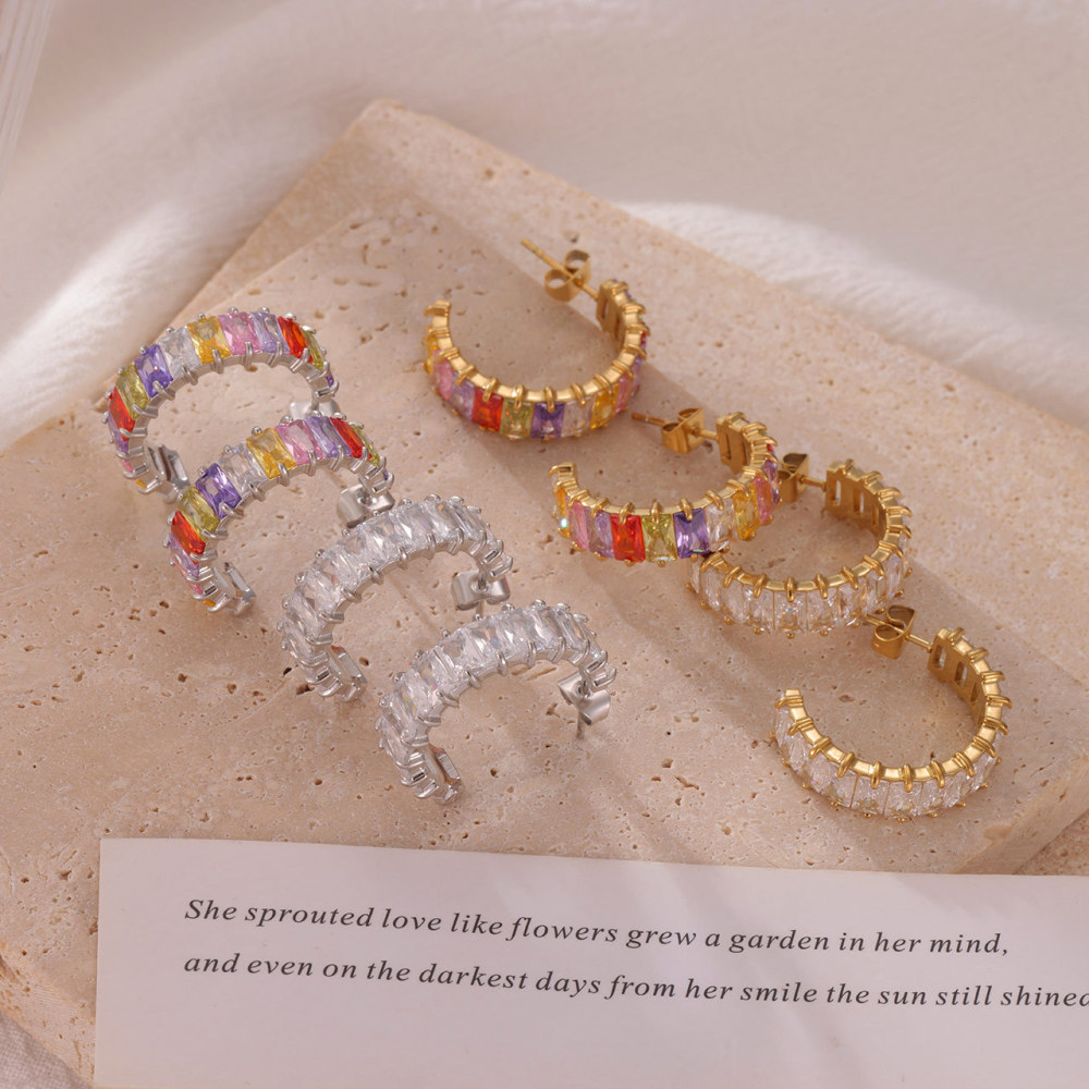 Colorful CZ Pave 14K Gold Stainless Steel Huggie Hoop Earrings with Rainbow Gemstone Design