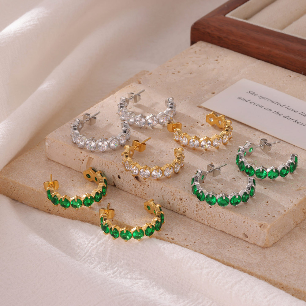 CZ Pave Huggie Hoop Earrings Crafted in PVD Coated Stainless Steel with Colorful Gemstone Accents