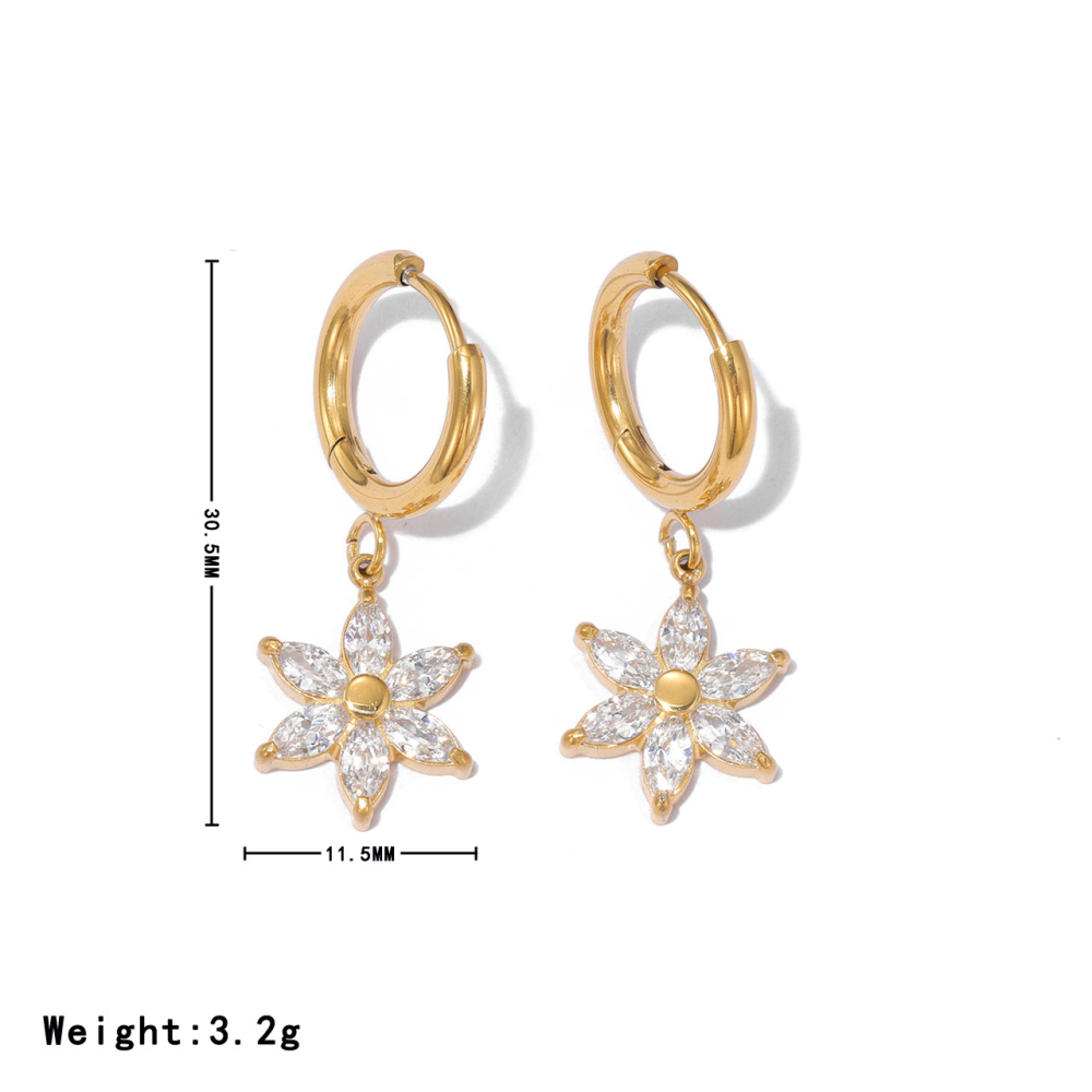 Sparkling Cubic Zirconia Flower Drop Huggie Hoop Earrings in PVD 14K Gold
