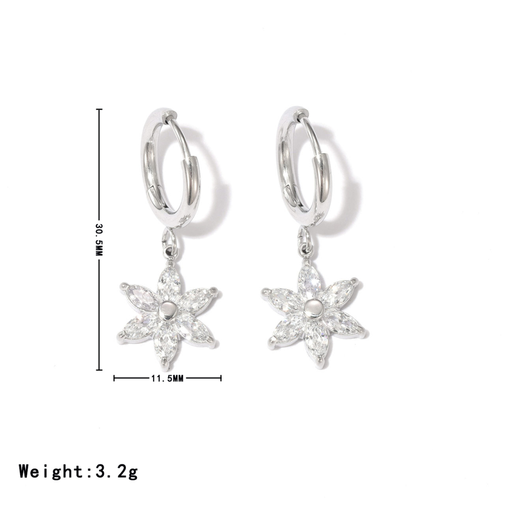 Sparkling Cubic Zirconia Flower Drop Huggie Hoop Earrings in PVD 14K Gold