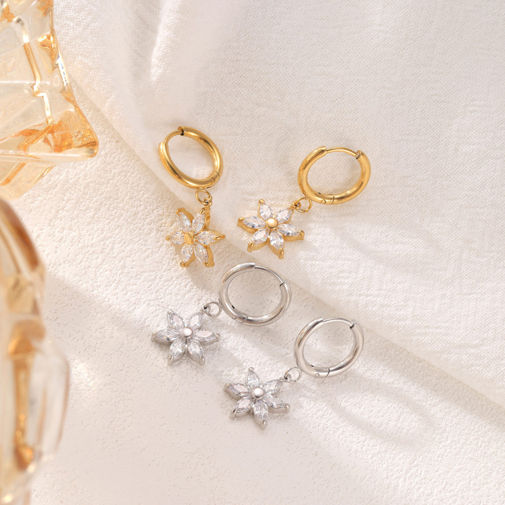 Sparkling Cubic Zirconia Flower Drop Huggie Hoop Earrings in PVD 14K Gold