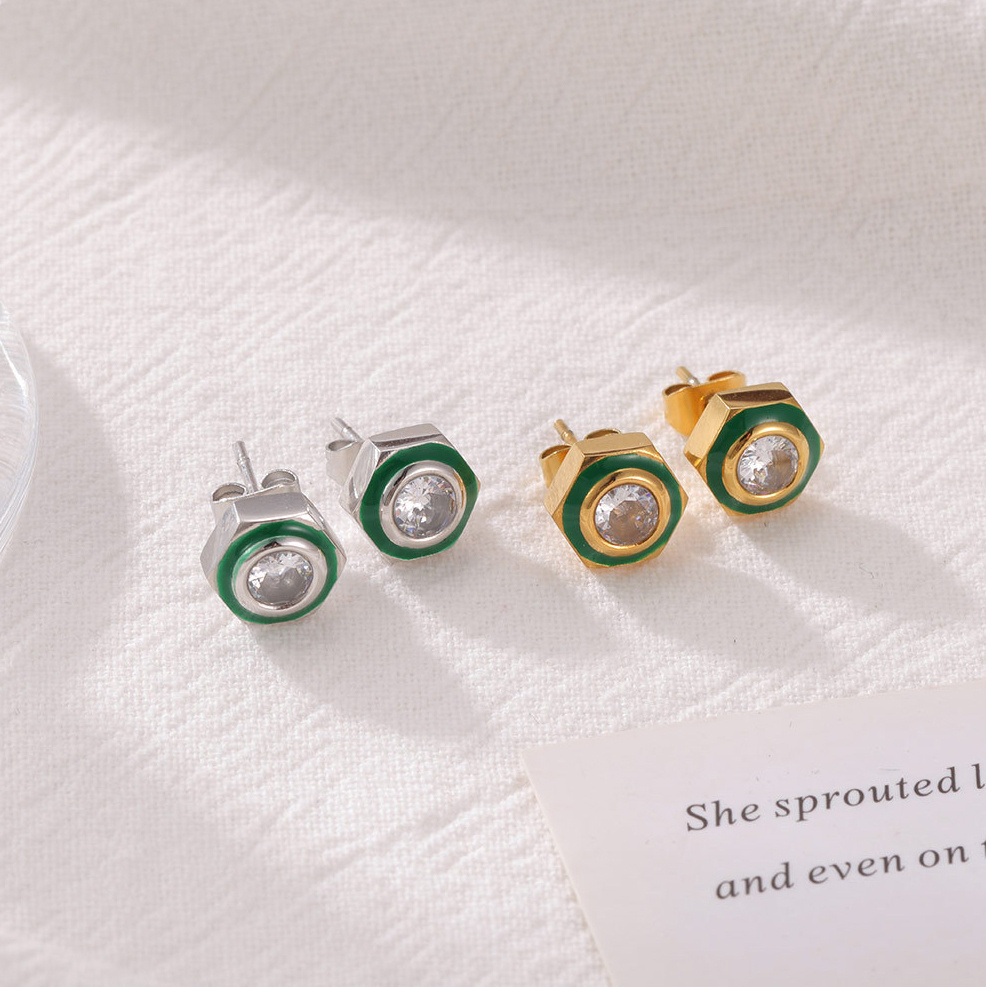 Hexagon CZ 14K PVD Stainless Steel Stud Earrings with Green Enamel Accent