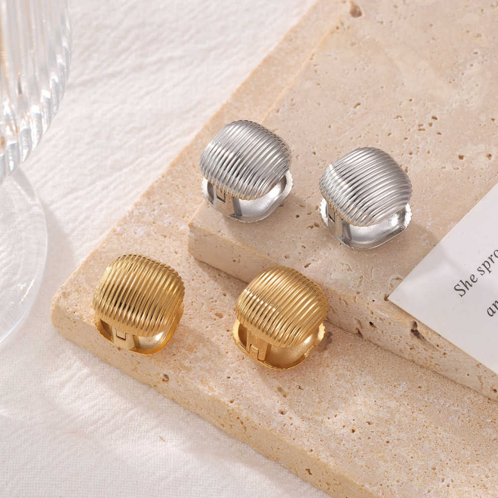 Polished 14K PVD Stainless Steel Shell Shape Stud Earrings with Hinged Closure