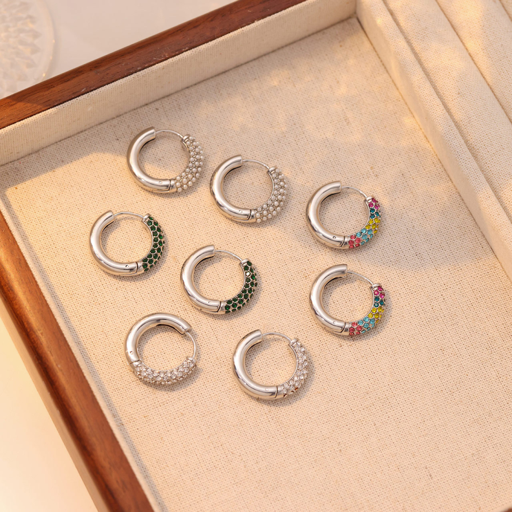 Half Pave Cubic Zirconia Stainless Steel 14K PVD  Hoop Earrings with Hinged Snap Back