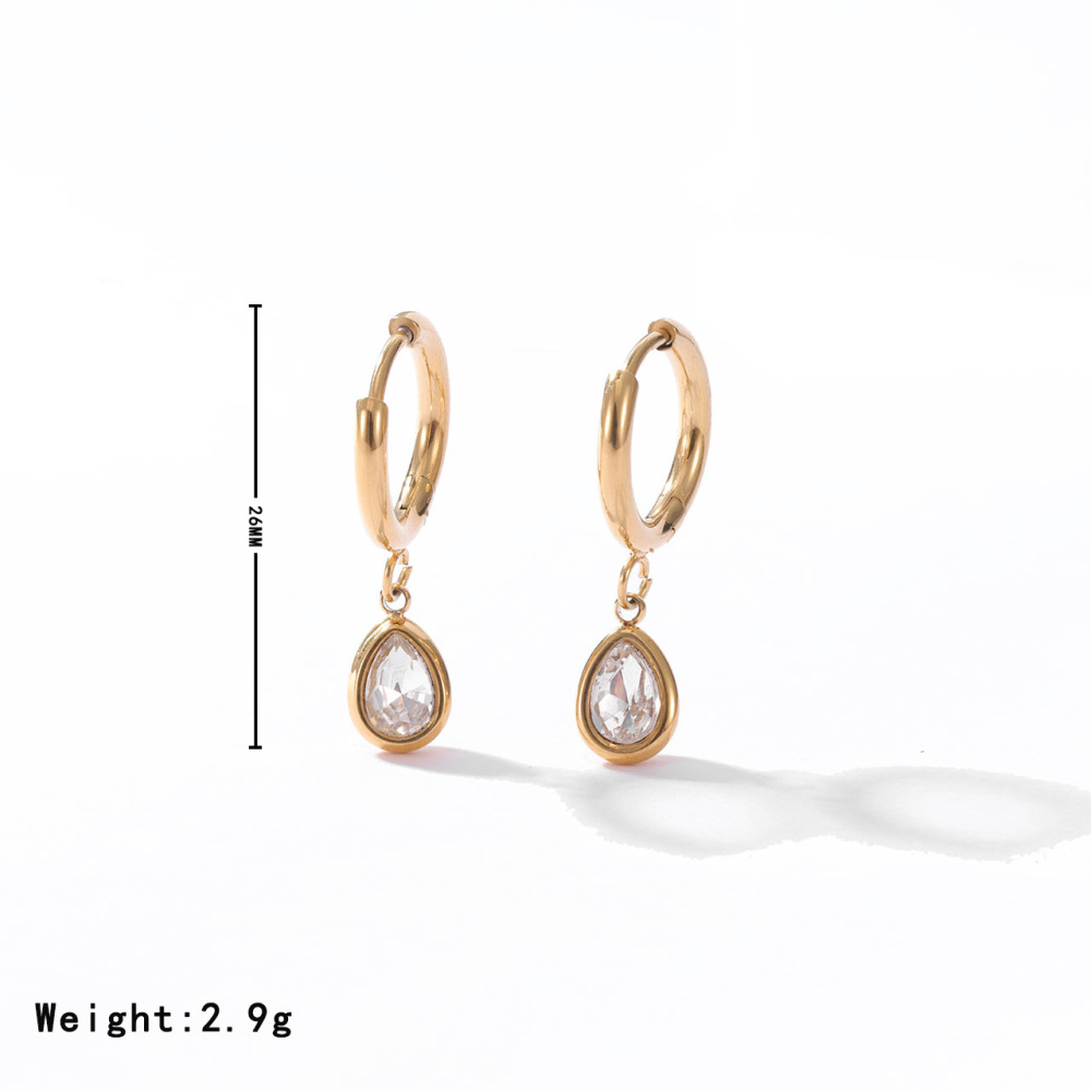 Bezel Teardrop CZ Charm Stainless Steel Hoop Earrings in PVD 14K Gold