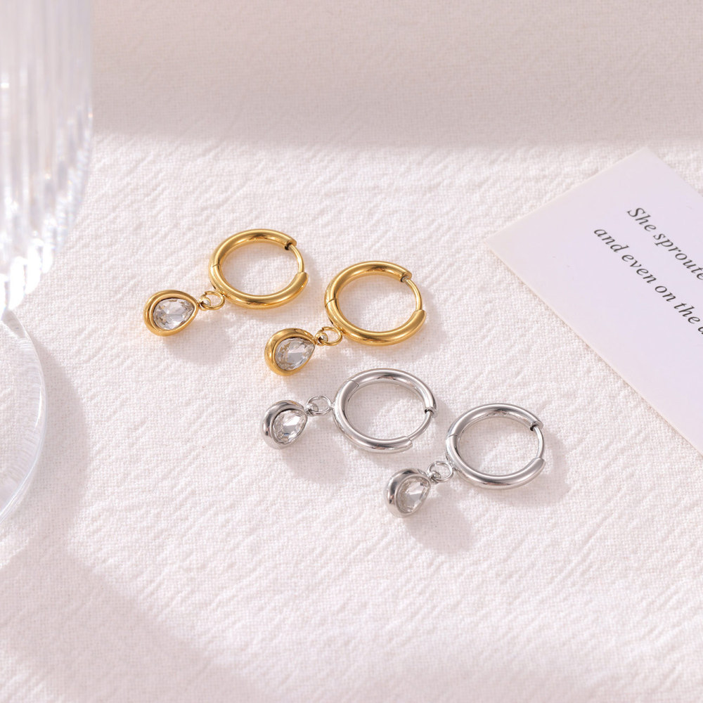 Bezel Teardrop CZ Charm Stainless Steel Hoop Earrings in PVD 14K Gold