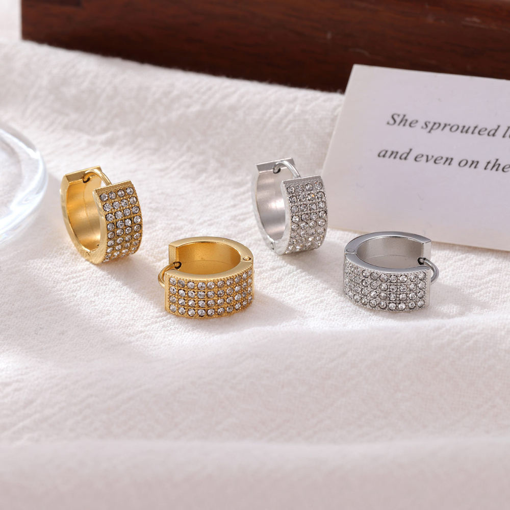 Wholesale PVD 14K Gold Stainless Steel Wide Hoop Earrings with Full Pave CZ