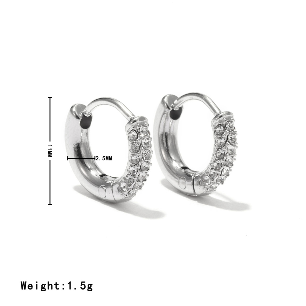 Half Pave CZ Stainless Steel Huggie Hoop Earrings in PVD 14K Gold