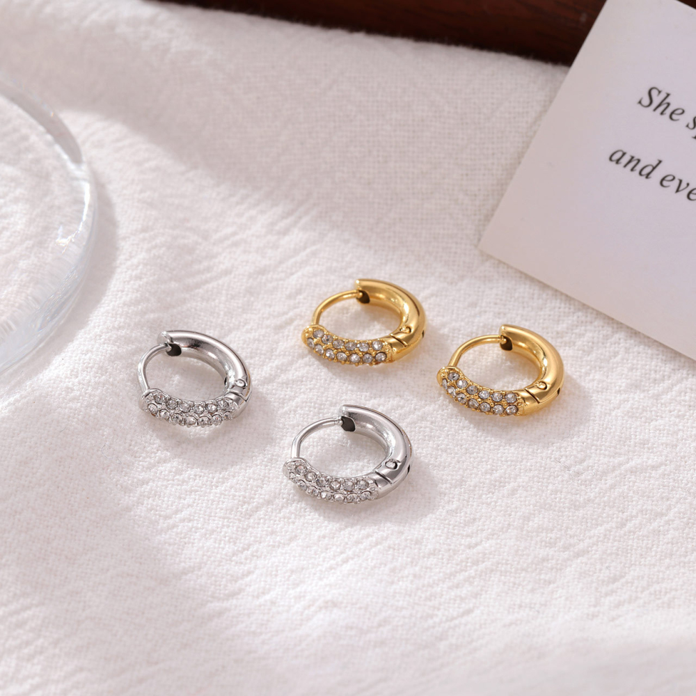 Half Pave CZ Stainless Steel Huggie Hoop Earrings in PVD 14K Gold