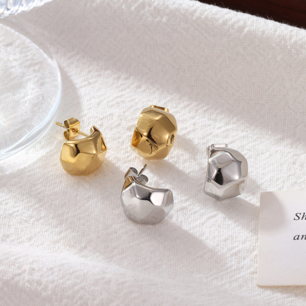 Geometric Polished Stainless Steel Stud Earrings with PVD 14K Gold