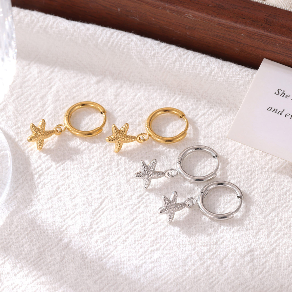 Stainless Steel Starfish Charm Huggie Hoop Earrings in PVD 14K Gold
