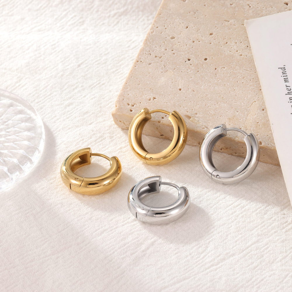 Polished Stainless Steel Thick Huggie Hoop Earrings with PVD 14K Gold